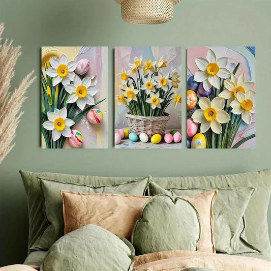 3pcs Vibrant Spring Floral with Colorful Eggs Metal Print Ready to Hang Art
