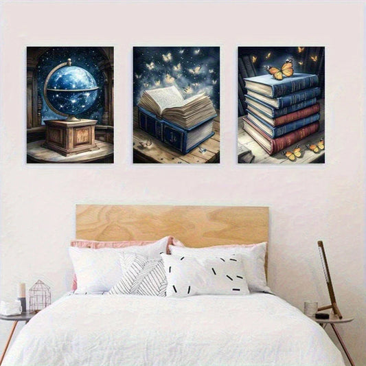 3pcs Reading Night Sky Moon Globe Butterfly FMetal Print Ready to Hang Art