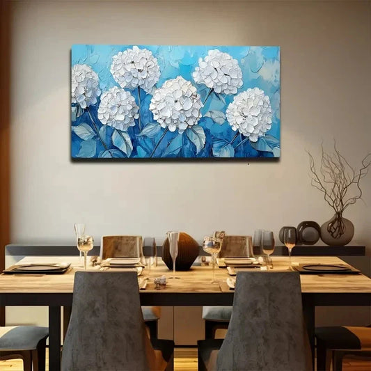 Blue Background & White Flower Wall Art canvas office home room framed 120x60cm