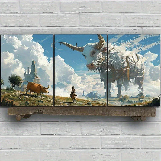 3pcs Brave Bull White Clouds Blue Sky Metal Print Ready to Hang Art
