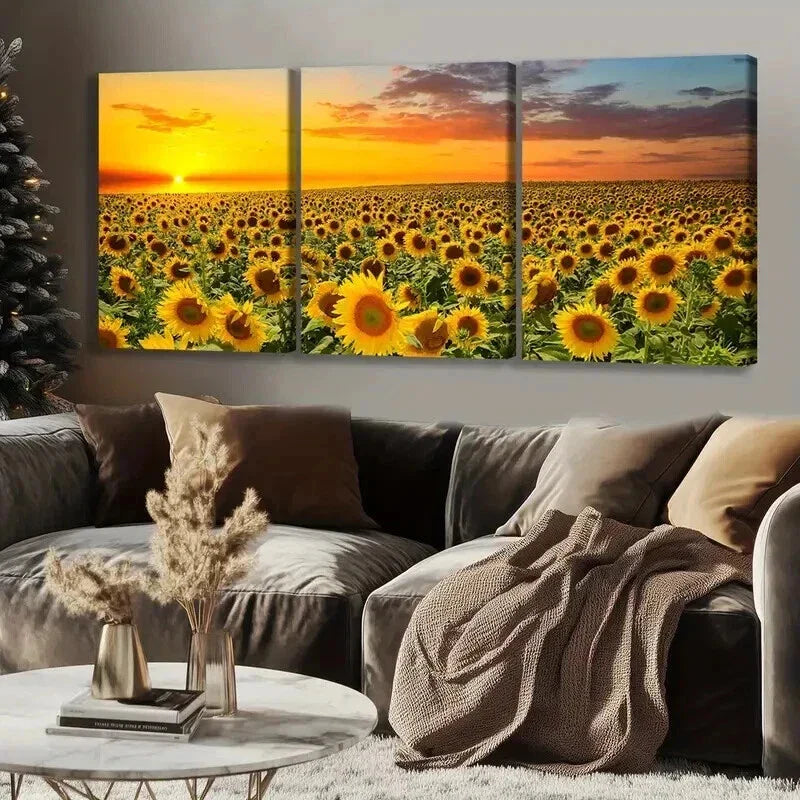 3pcs Golden Sunset Fields with Sunflower Wall Art Set Canvas Framed 40x60cm - High Quality Print 100% Australian Made Wall Canvas Ready to Hang
