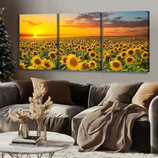 3pcs Golden Sunset Fields with Sunflower Wall Art Set Canvas Framed 40x60cm - High Quality Print 100% Australian Made Wall Canvas Ready to Hang