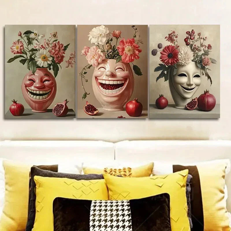 3pcs A Vase with Carved Faces  Metal Print Ready to Hang Art