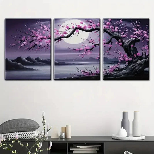 3pcs Moonlit Plum Blossom Serene Night Landscape Metal Print Ready to Hang Art