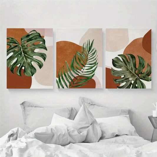 3pcs Casual Bohemian Abstract Leaf Neutral Green Metal Print Ready to Hang Art