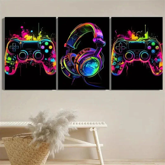 3pcs Colorful Game Controller And Headphones Metal Print Ready to Hang Art
