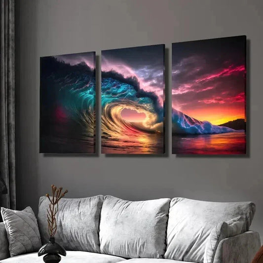 3pcs Sunset Over Colorful Stunning Waves Wall Art Set Canvas Framed 40x60cm - High Quality Print 100% Australian Made Wall Canvas Ready to Hang