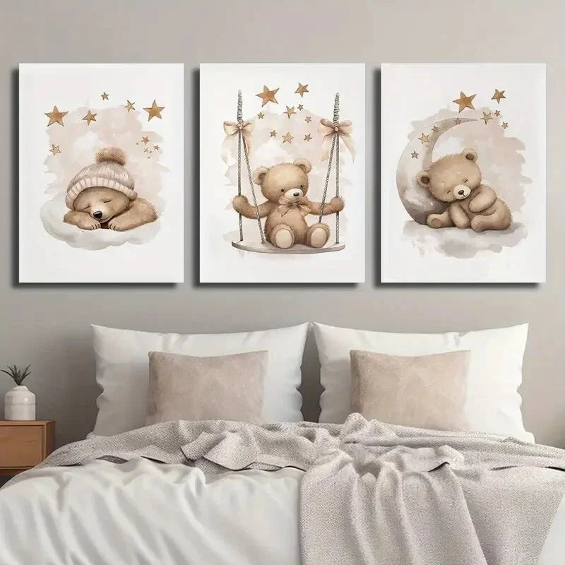 3pcs Neutral Bear Cute Animal Moon and Star Metal Print Ready to Hang Art