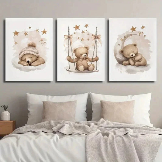 3pcs Neutral Bear Cute Animal Moon and Star Metal Print Ready to Hang Art