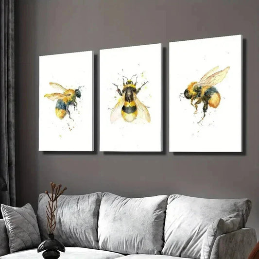 3pcs Vibrant Bee Watercolor Decor Wall Art Set Canvas Framed 40x60cm - High Quality Print 100% Australian Made Wall Canvas Ready to Hang