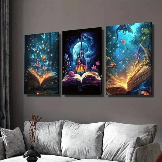 3pcs Magical Creatures Book Butterflies & Castle Wall Art Set Canvas Framed 40x60cm - High Quality Print 100% Australian Made Wall Canvas Ready to Hang