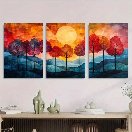 3pcs Abstract Tree Sunset Vibrant Geometric Metal Print Ready to Hang Art