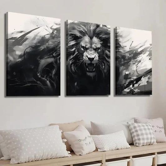 3pcs Black and White Monochrome Animal Lion Wall Art Set Canvas Framed 40x60cm - High Quality Print 100% Australian Made Wall Canvas Ready to Hang