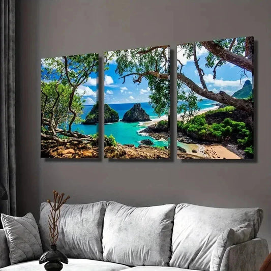 3pcs Fernando De Noronha Tranquil Cyan Waters Wall Art Set Canvas Framed 40x60cm - High Quality Print 100% Australian Made Wall Canvas Ready to Hang