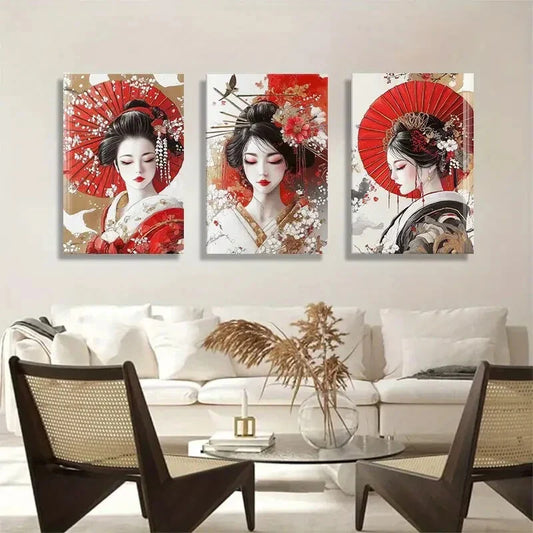 3pcs Women Red Umbrellas Elegant Geisha Perfect Wall Art Set Canvas Framed 40x60cm - High Quality Print 100% Australian Made Wall Canvas Ready to Hang