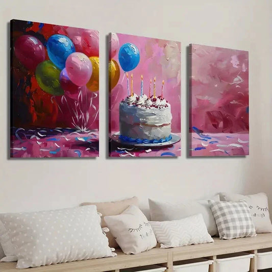 3pcs Birthday Cake and Balloon Wall Art Set Canvas Framed 40x60cm - High Quality Print 100% Australian Made Wall Canvas Ready to Hang