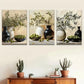 3pcs Elegant Olive Tree Pine Black Vase Green Metal Print Ready to Hang Art