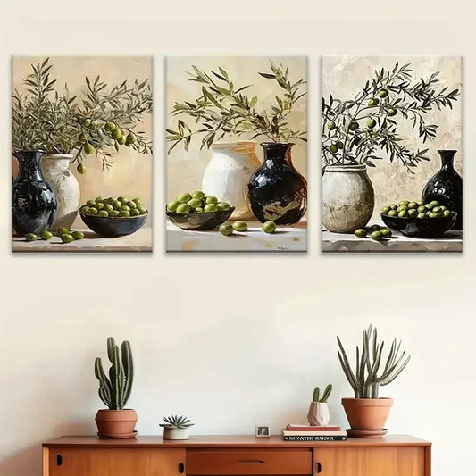 3pcs Elegant Olive Tree Pine Black Vase Green Metal Print Ready to Hang Art