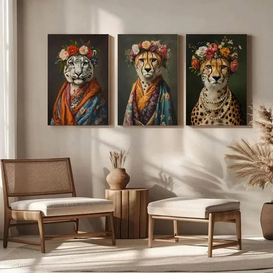 3pcs Animal Flowers in Kimono Cheetah Metal Print Ready to Hang Art