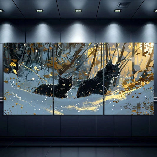 3pcs Black Cat Snowy Forest Serene Winter Scene Metal Print Ready to Hang Art