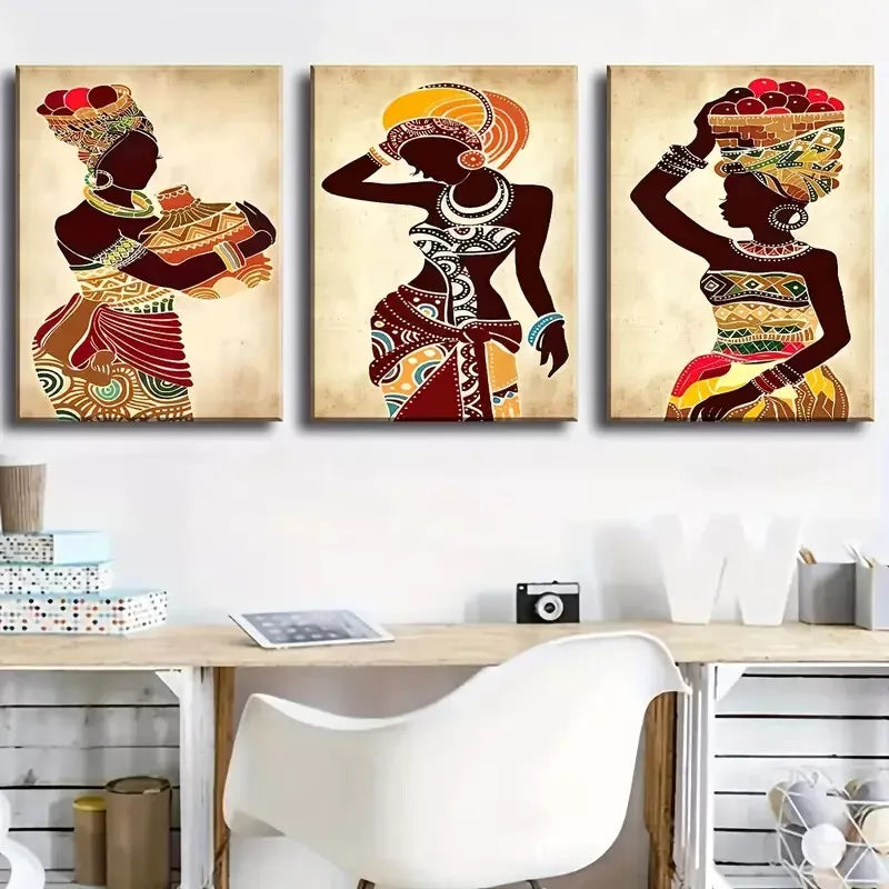 3pcs Vibrant Color African Women's painting  Wall Art Set Canvas Framed 40x60cm - High Quality Print 100% Australian Made Wall Canvas Ready to Hang