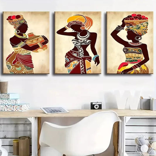 3pcs Vibrant Color African Women's painting  Wall Art Set Canvas Framed 40x60cm - High Quality Print 100% Australian Made Wall Canvas Ready to Hang