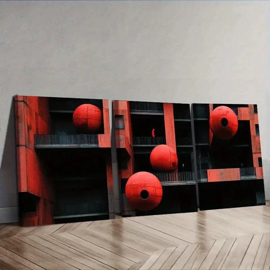 3pcs The red ball on the wallWall Art Set Canvas Framed 40x60cm - High Quality Print 100% Australian Made Wall Canvas Ready to Hang