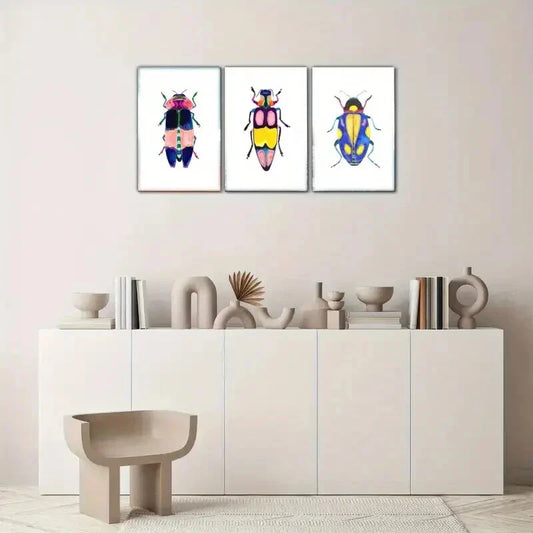 3pcs Colorful Insect Art Bright and Bold Style Metal Print Ready to Hang Art