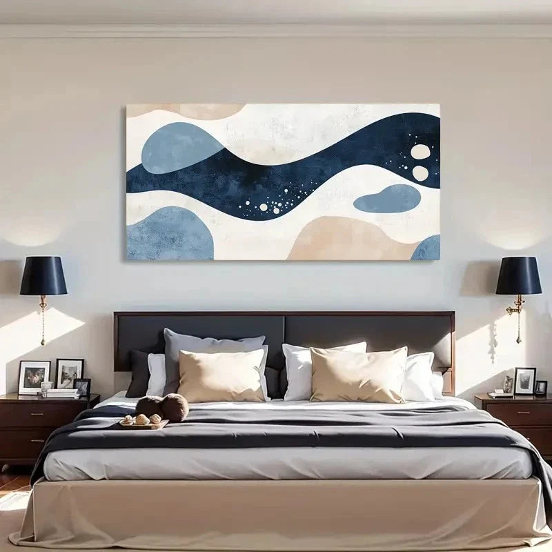Blue & Beige Modern Abstract Wall Art Canvas Office Home Room Framed 120x60cm
