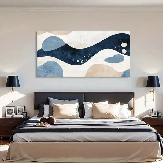 Blue & Beige Modern Abstract Wall Art Canvas Office Home Room Framed 120x60cm