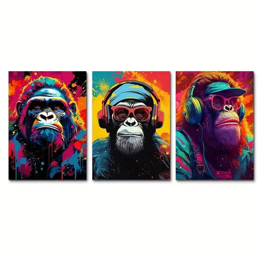 3pcs Funny & Stylish Monkey with Headphones  Metal Print Ready to Hang Art