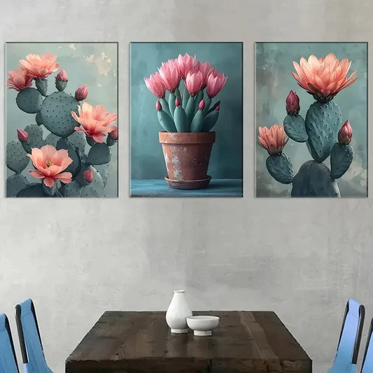 3pcs Stylish Cactus Flower Art Landscape Metal Print Ready to Hang Art