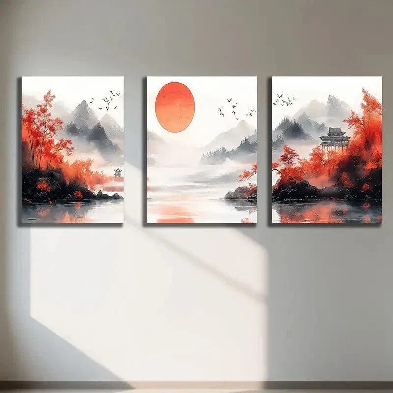 3pcs Vibrant Japanese Landscape with Pagodas Metal Print Ready to Hang Art