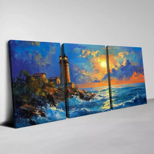 3pcs Stunning Lighthouse Seascape Ocean Sunset Wall Art Set Canvas Framed 40x60cm - High Quality Print 100% Australian Made Wall Canvas Ready to Hang
