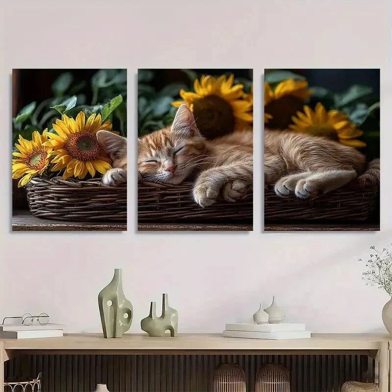 3pcs Orange Cat Sleeping Next to Sunflower Vase Metal Print Ready to Hang Art
