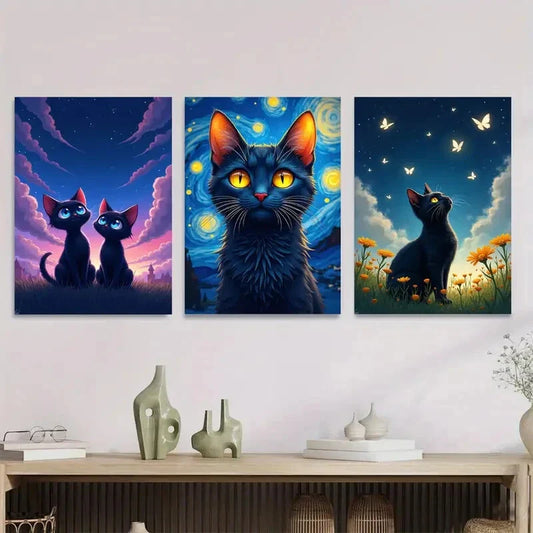 3pcs Starry Night Cat Triptych Black Cats Metal Print Ready to Hang Art