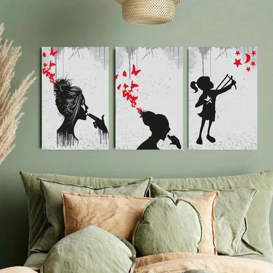 3pcs Butterfly Kiss, Red and Black Graffit Metal Print Ready to Hang Art
