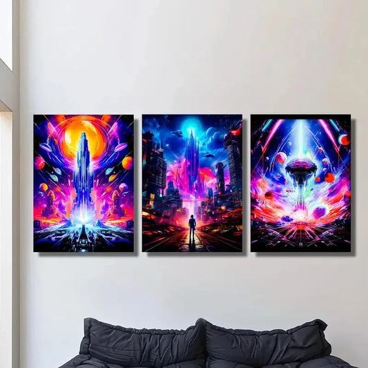 3pcs  Vibrant Space Planet & Future World Line Metal Print Ready to Hang Art