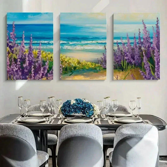 3pcs Vibrant Beach Scene with Purple Lavender Metal Print Ready to Hang Art