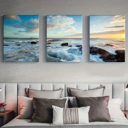 3pcs Ocean Waves Blue Sunrise and Sunset Metal Print Ready to Hang Art