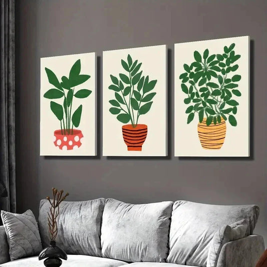 3pcs Leaves Growing in Pot Plant Wall Art Set Canvas Framed 40x60cm - High Quality Print 100% Australian Made Wall Canvas Ready to Hang