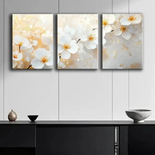 3pcs White Blossoms with Golden Nature Perfect Wall Art Set Canvas Framed 40x60cm - High Quality Print 100% Australian Made Wall Canvas Ready to Hang