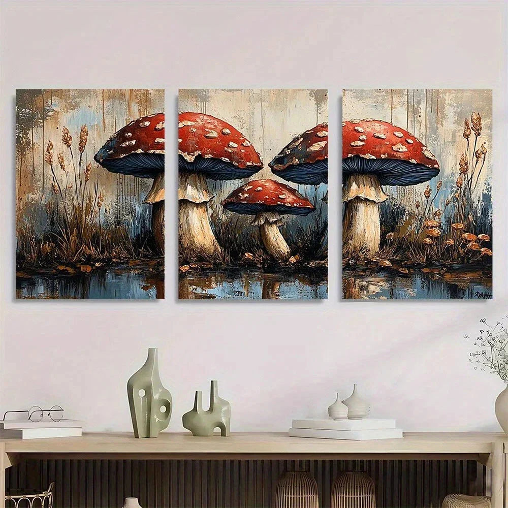 3pcs Vintage Blue Mushroom Oil Painting Metal Print Ready to Hang Art