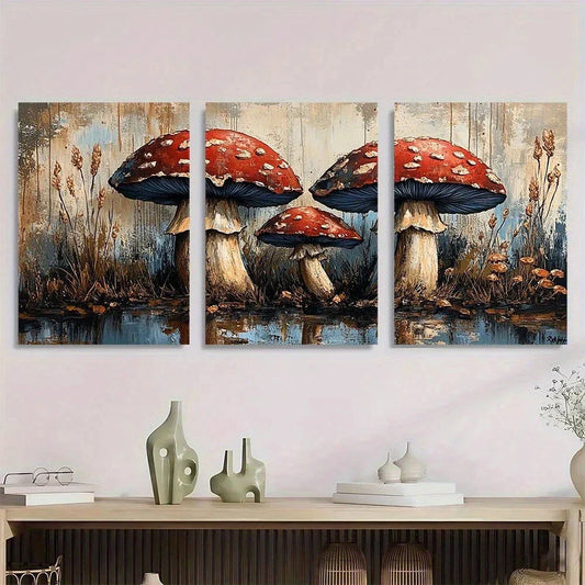 3pcs Vintage Blue Mushroom Oil Painting Metal Print Ready to Hang Art