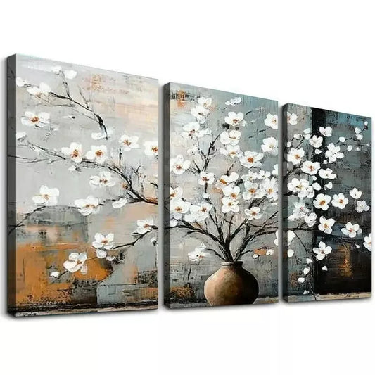 3pcs White Flower Graffiti on a Brown Backdrop Wall Art Set Canvas Framed 40x60cm - High Quality Print 100% Australian Made Wall Canvas Ready to Hang