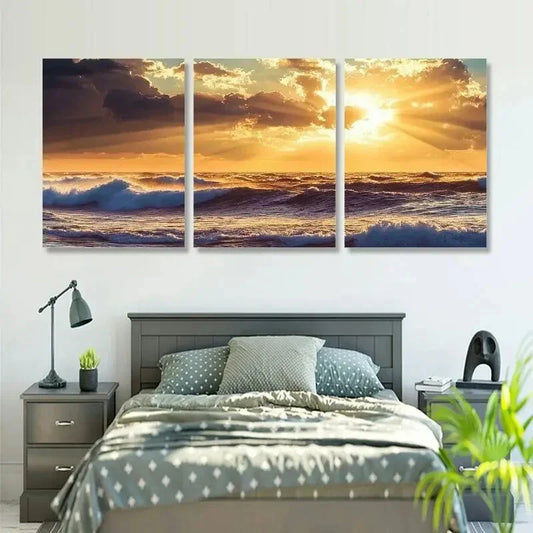 3pcs Vibrant Sunset Seascape with Golden Metal Print Ready to Hang Art