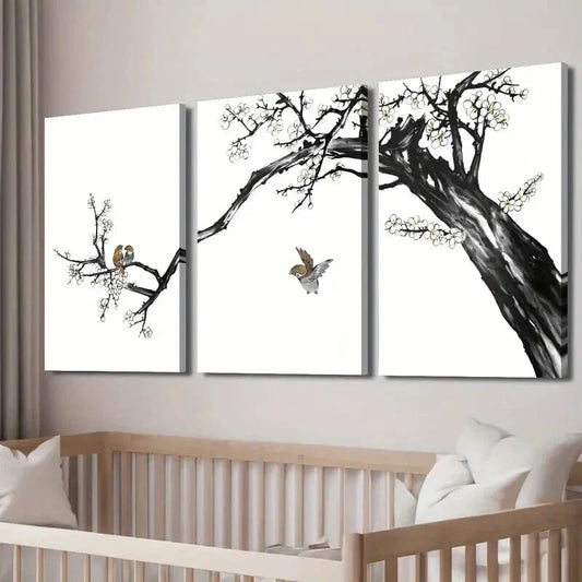3pcs Birds and Plum Blossom Decoration Wall Art Set Canvas Framed 40x60cm - High Quality Print 100% Australian Made Wall Canvas Ready to Hang
