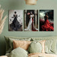 3pcs Elegant Black & Red Gown with Ravens Metal Print Ready to Hang Art