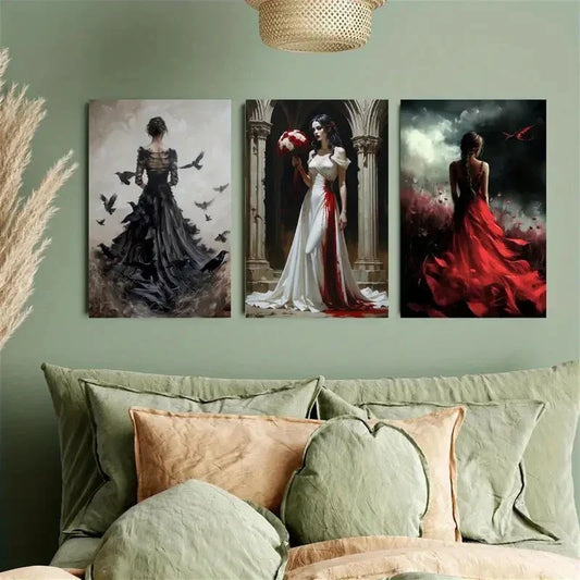 3pcs Elegant Black & Red Gown with Ravens Metal Print Ready to Hang Art