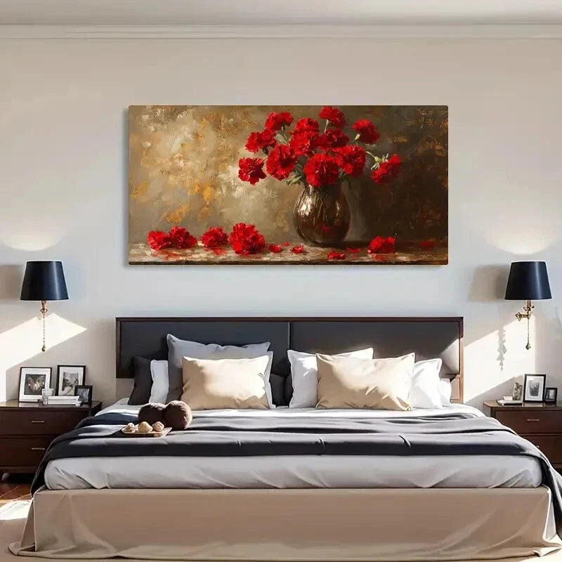 Vibrant Red Carnation Vase Wall Art Canvas Office Home Room Framed 80x45cm